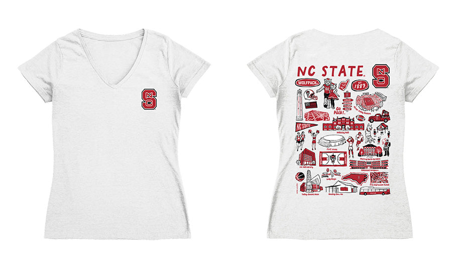 North Carolina State Wolfpacks Hand Sketched Vive La Fete Impressions Artwork Grey Women Cotton Short Sleeve V-Neck Tshi