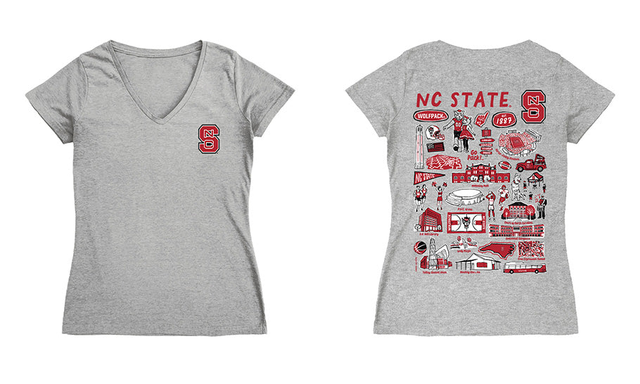 North Carolina State Wolfpacks Hand Sketched Vive La Fete Impressions Artwork Grey Women Cotton Short Sleeve V-Neck Tshi