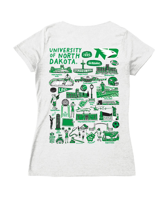 North Dakota Fighting Hawks Hand Sketched Vive La Fete Impressions Artwork Green Women Cotton Short Sleeve V-Neck Tshirt