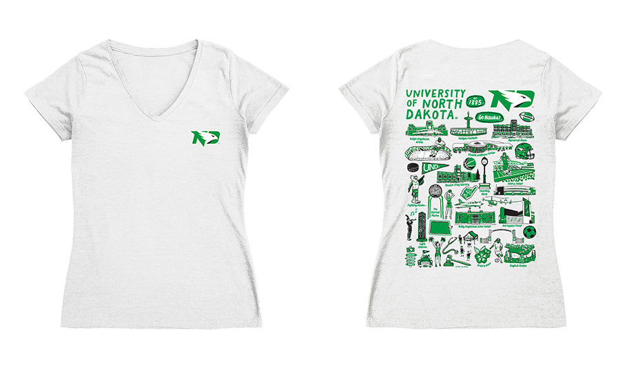 North Dakota Fighting Hawks Hand Sketched Vive La Fete Impressions Artwork Green Women Cotton Short Sleeve V-Neck Tshirt