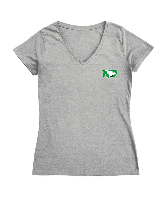North Dakota Fighting Hawks Hand Sketched Vive La Fete Impressions Artwork Grey Women Cotton Short Sleeve V-Neck Tshirt