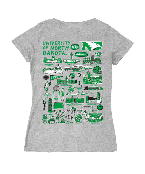 North Dakota Fighting Hawks Hand Sketched Vive La Fete Impressions Artwork Green Women Cotton Short Sleeve V-Neck Tshirt