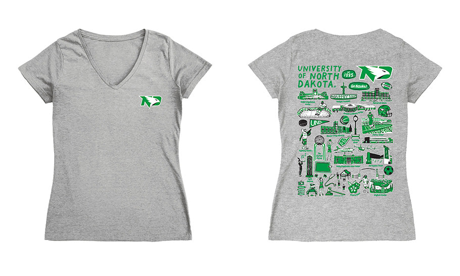North Dakota Fighting Hawks Hand Sketched Vive La Fete Impressions Artwork Green Women Cotton Short Sleeve V-Neck Tshirt
