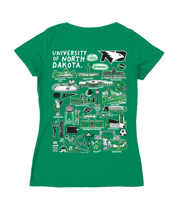 North Dakota Fighting Hawks Hand Sketched Vive La Fete Impressions Artwork Green Women Cotton Short Sleeve V-Neck Tshirt