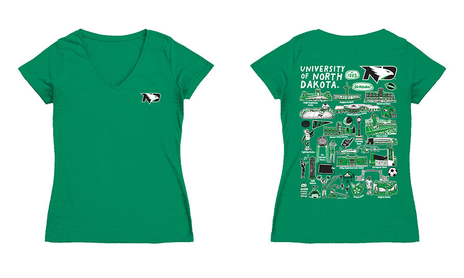 North Dakota Fighting Hawks Hand Sketched Vive La Fete Impressions Artwork Green Women Cotton Short Sleeve V-Neck Tshirt