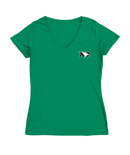 North Dakota Fighting Hawks Hand Sketched Vive La Fete Impressions Artwork Green Women Cotton Short Sleeve V-Neck Tshirt
