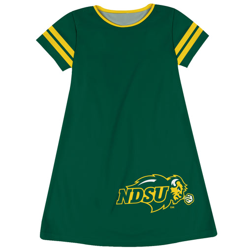 North Dakota Bison Vive La Fete Girls Game Day Short Sleeve Green A-Line Dress with large Logo