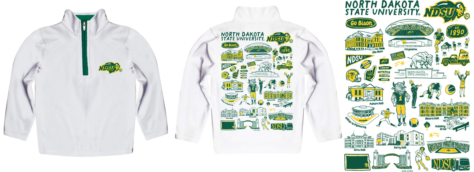 North Dakota Bison Hand Sketched Vive La Fete Impressions Artwork White Boys Quarter Zip Pullover V1 - Vive La Fête - Online Apparel Store