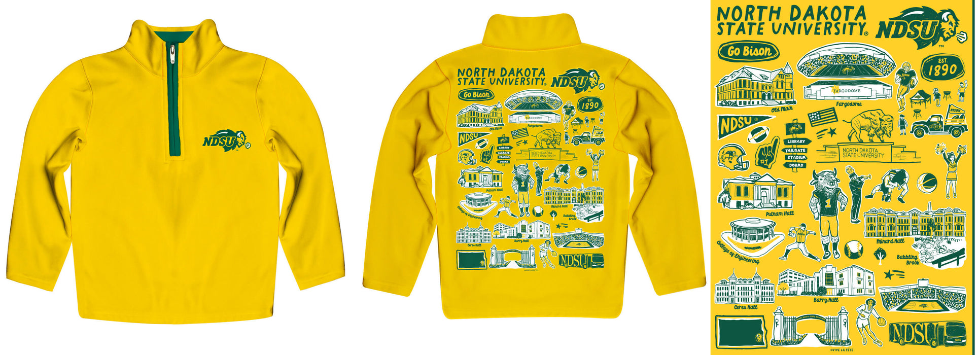North Dakota Bison Hand Sketched Vive La Fete Impressions Artwork Gold Boys Quarter Zip Pullover V1 - Vive La Fête - Online Apparel Store