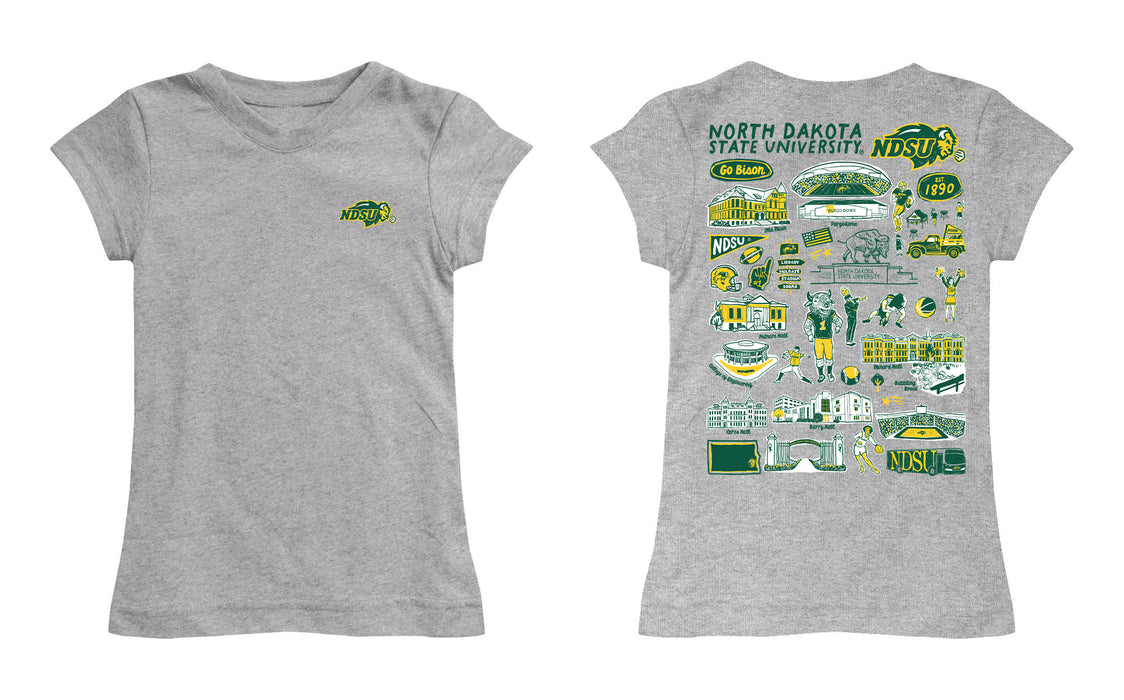 North Dakota Bison Hand Sketched Vive La Fete Impressions Artwork Grey Girls Cotton Short Sleeve Tee - Vive La Fête - Online Apparel Store