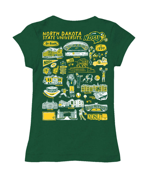 North Dakota Bison Hand Sketched Vive La Fete Impressions Artwork Green Girls Cotton Short Sleeve Tee - Vive La Fête - Online Apparel Store