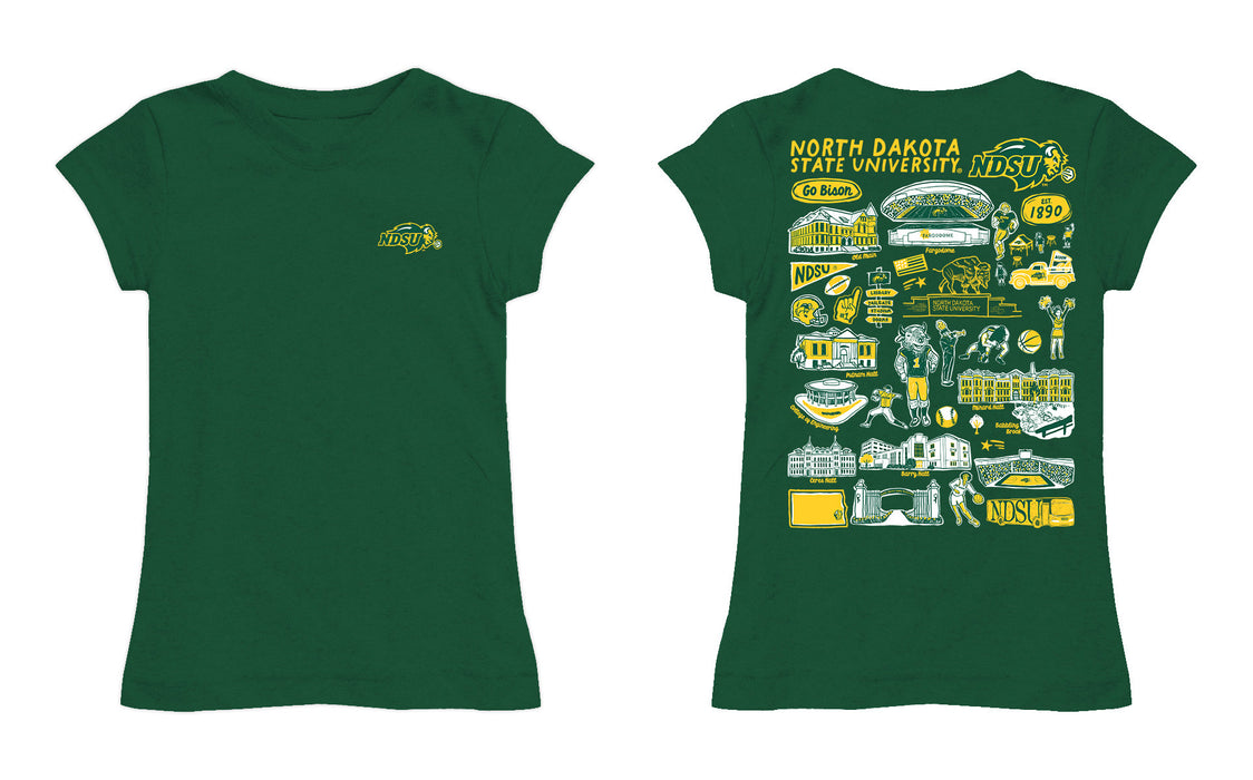 North Dakota Bison Hand Sketched Vive La Fete Impressions Artwork Green Girls Cotton Short Sleeve Tee - Vive La Fête - Online Apparel Store