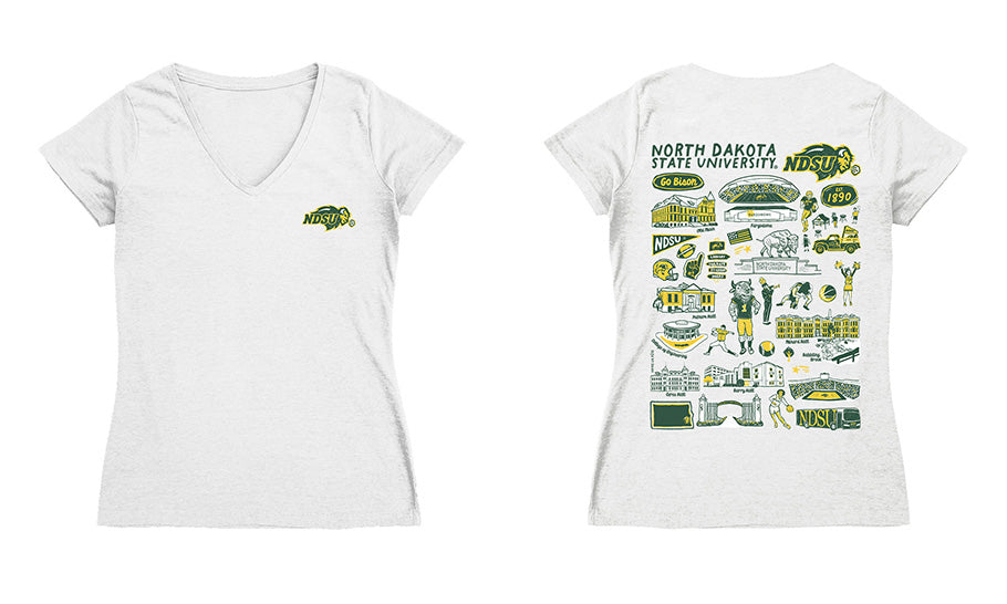 North Dakota Bison Hand Sketched Vive La Fete Impressions Artwork Green Women Cotton Short Sleeve V-Neck Tshirt