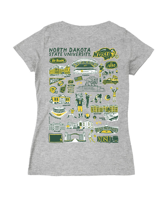 North Dakota Bison Hand Sketched Vive La Fete Impressions Artwork Green Women Cotton Short Sleeve V-Neck Tshirt