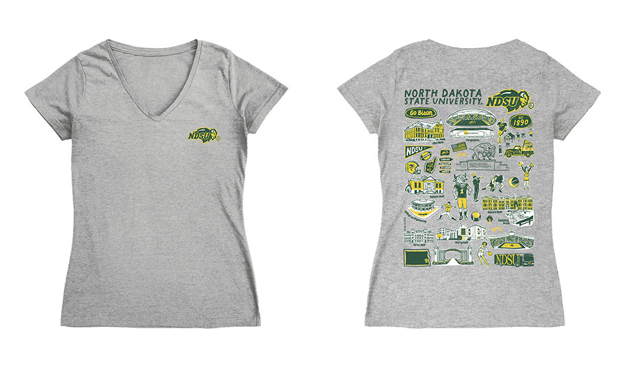 North Dakota Bison Hand Sketched Vive La Fete Impressions Artwork Green Women Cotton Short Sleeve V-Neck Tshirt
