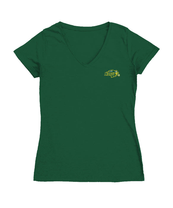 North Dakota Bison Hand Sketched Vive La Fete Impressions Artwork Green Women Cotton Short Sleeve V-Neck Tshirt