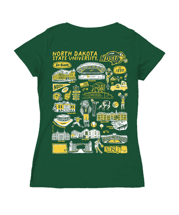 North Dakota Bison Hand Sketched Vive La Fete Impressions Artwork Green Women Cotton Short Sleeve V-Neck Tshirt