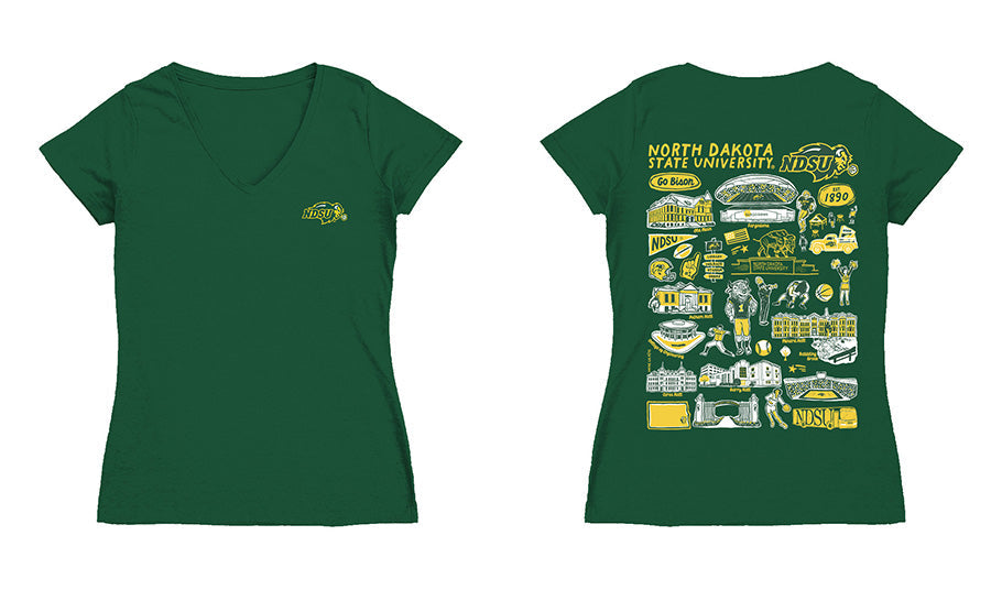 North Dakota Bison Hand Sketched Vive La Fete Impressions Artwork Green Women Cotton Short Sleeve V-Neck Tshirt
