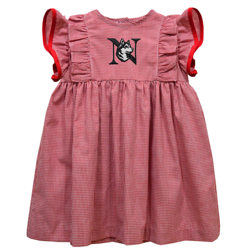 Northeastern University Huskies Embroidered Cardinal Red Gingham Ruffle Dress