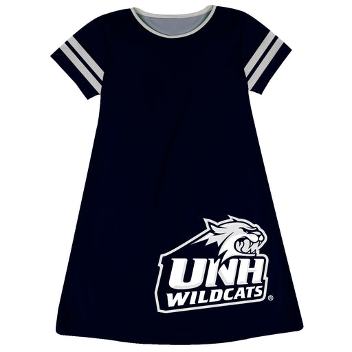 University of New Hampshire Wildcats UNH Vive La Fete Girls Game Day Short Sleeve Black A-Line Dress with large Logo