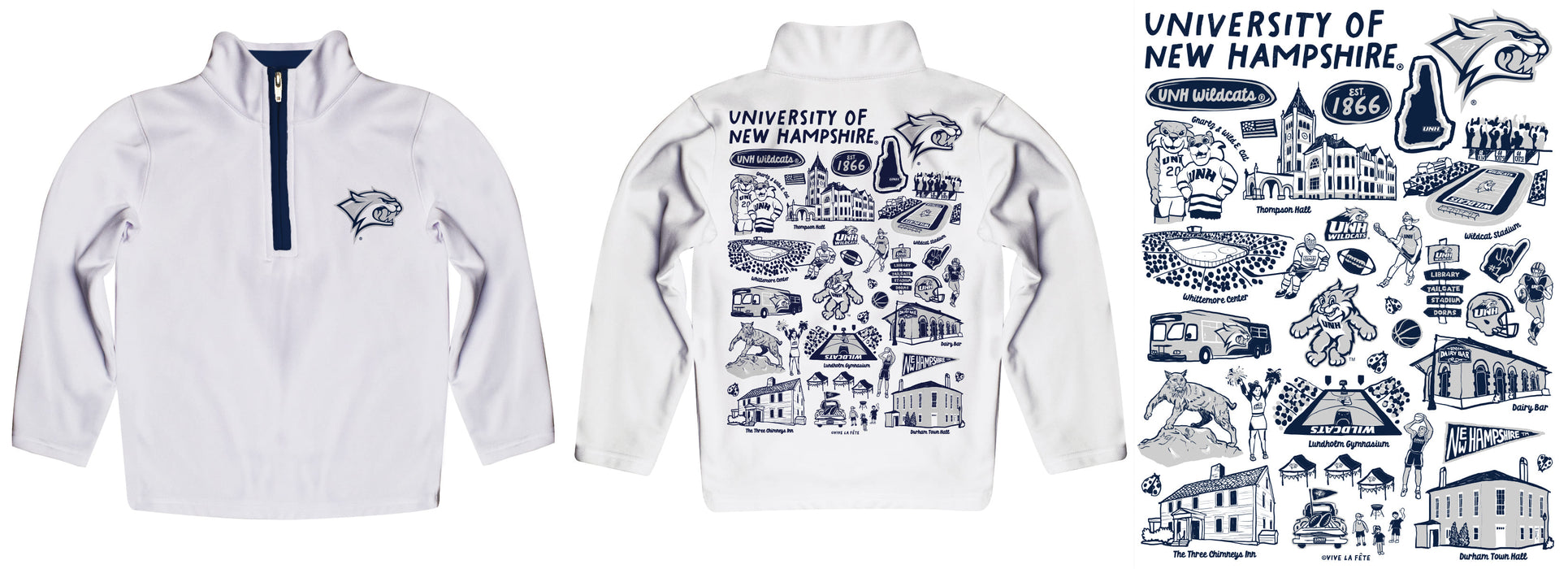 University of New Hampshire Wildcats UNH Hand Sketched Vive La Fete Impressions Artwork  White Boys Quarter Zip Pullover V1 - Vive La Fête - Online Apparel Store