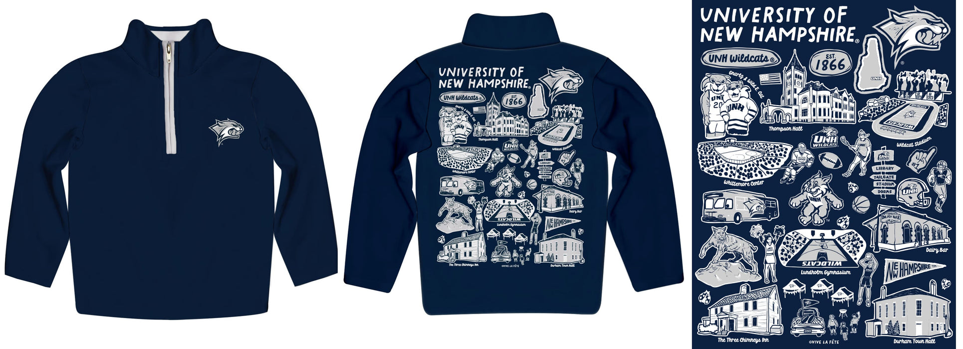 University of New Hampshire Wildcats UNH Hand Sketched Vive La Fete Impressions Artwork  Blue Boys Quarter Zip Pullover V1 - Vive La Fête - Online Apparel Store