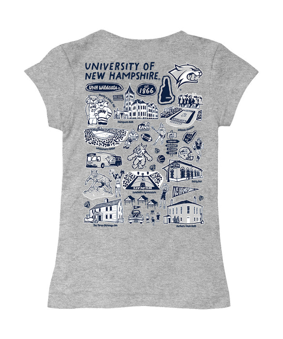 New Hampshire Wildcats UNH Hand Sketched Vive La Fete Impressions Artwork Grey Girls Cotton Short Sleeve Tee - Vive La Fête - Online Apparel Store