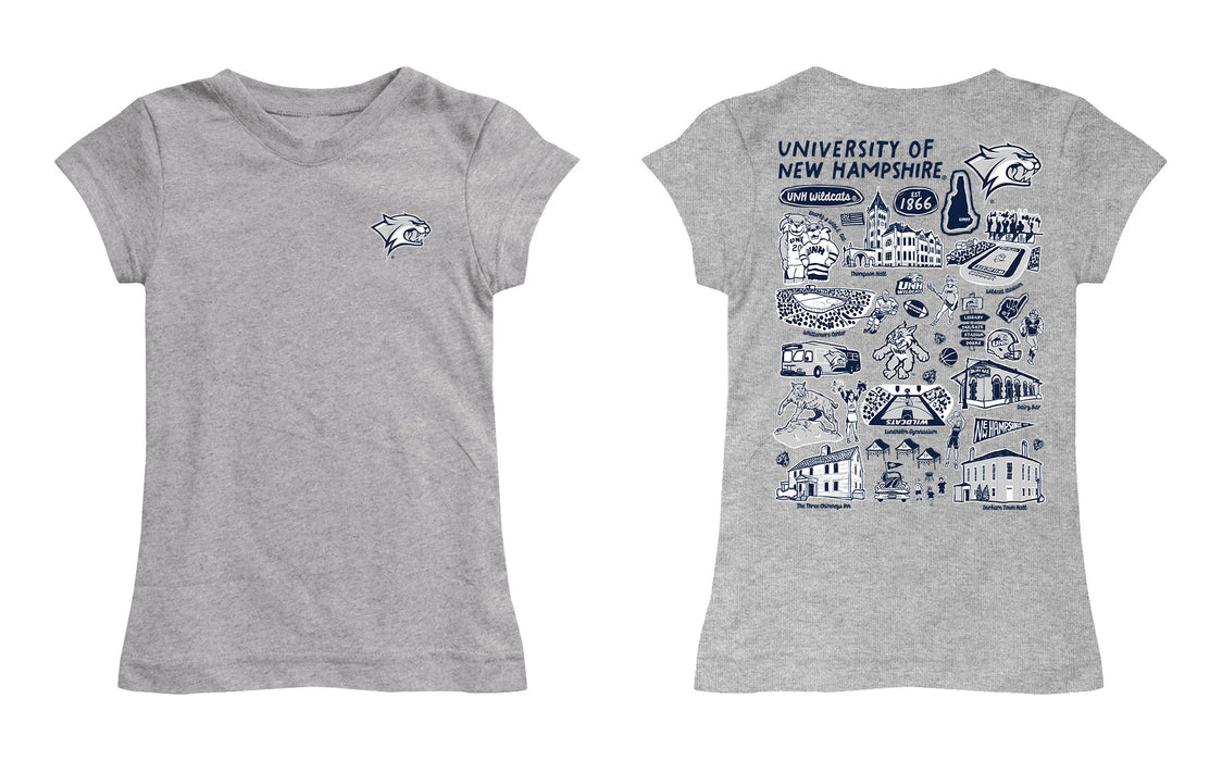 New Hampshire Wildcats UNH Hand Sketched Vive La Fete Impressions Artwork Grey Girls Cotton Short Sleeve Tee - Vive La Fête - Online Apparel Store