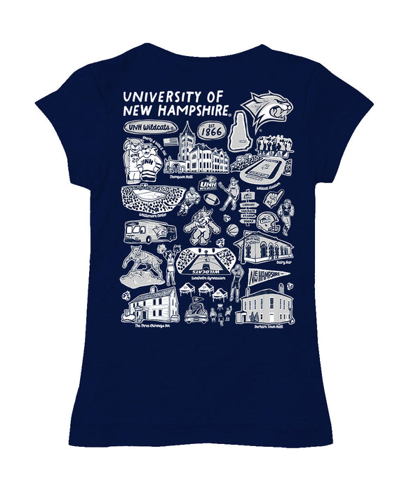 New Hampshire Wildcats UNH Hand Sketched Vive La Fete Impressions Artwork Navy Girls Cotton Short Sleeve Tee - Vive La Fête - Online Apparel Store