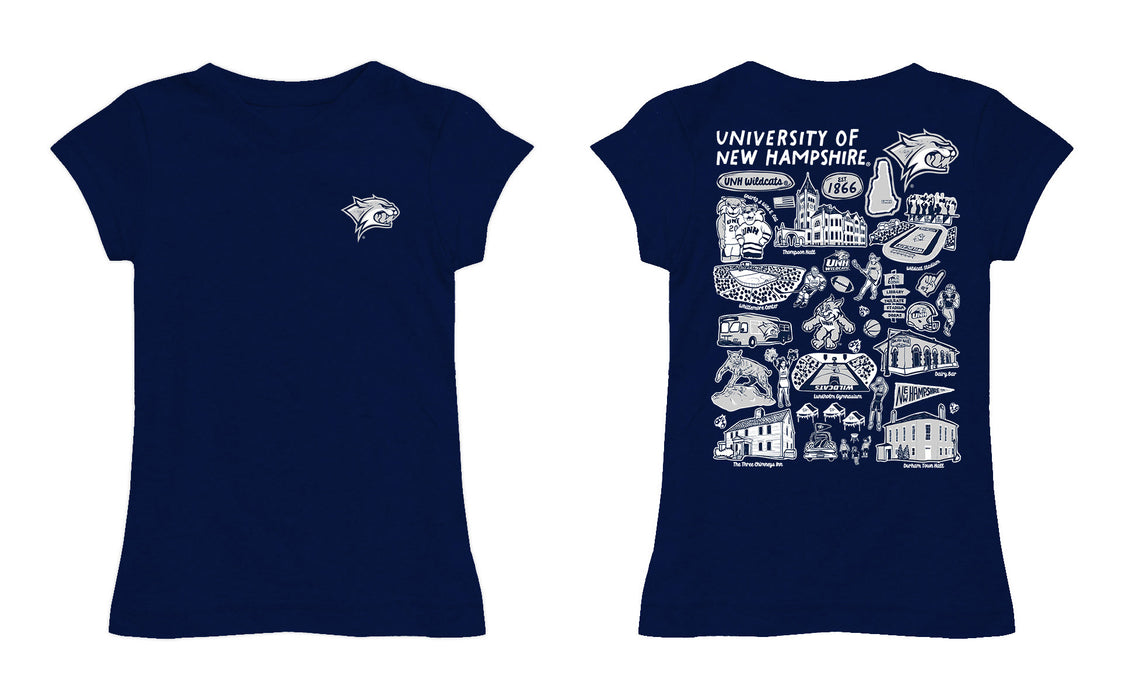 New Hampshire Wildcats UNH Hand Sketched Vive La Fete Impressions Artwork Navy Girls Cotton Short Sleeve Tee - Vive La Fête - Online Apparel Store