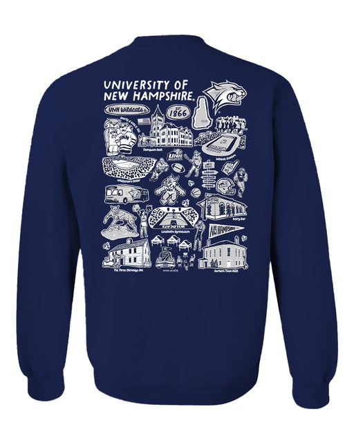 New Hampshire Wildcats UNH Hand Sketched Artwork Navy Crewneck Sweatshirt for Women - Vive La Fête - Online Apparel Store