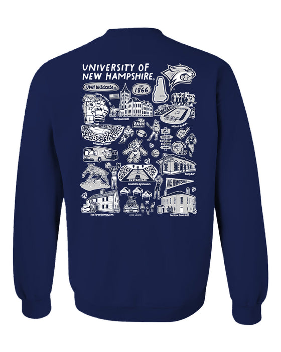 New Hampshire Wildcats UNH Hand Sketched Artwork Navy Crewneck Sweatshirt for Women - Vive La Fête - Online Apparel Store
