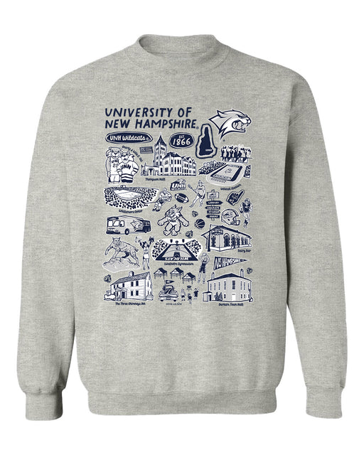 New Hampshire Wildcats UNH Hand Sketched Vive La Fete Impressions Grey Cotton Crewneck Sweatshirt for Women
