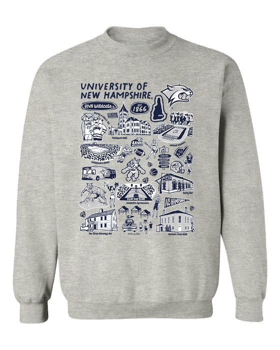 New Hampshire Wildcats UNH Hand Sketched Vive La Fete Impressions Grey Cotton Crewneck Sweatshirt for Women