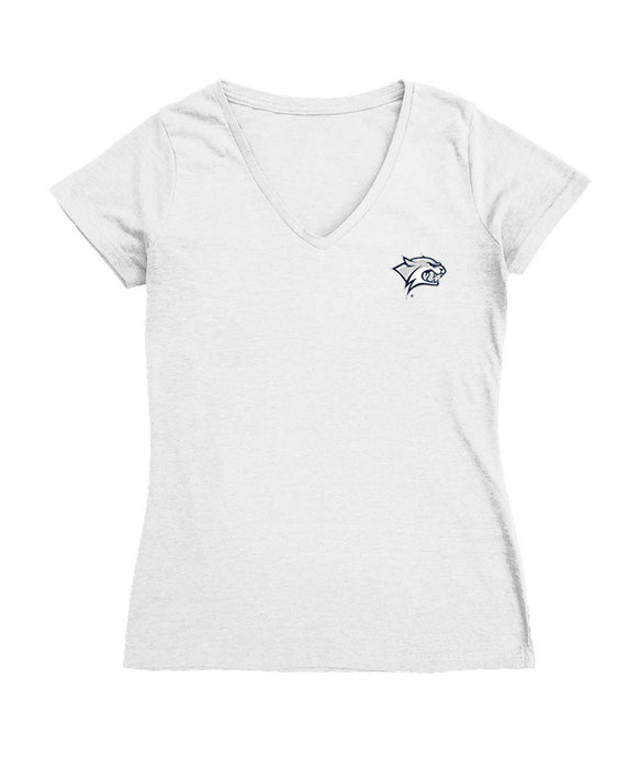 New Hampshire Wildcats UNH Hand Sketched Vive La Fete Impressions Artwork White Women Cotton Short Sleeve V-Neck Tshirt