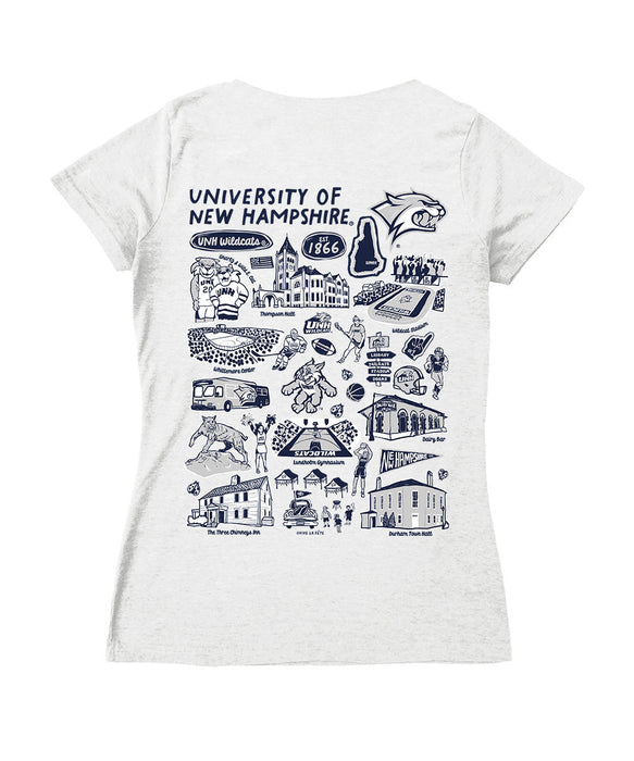 New Hampshire Wildcats UNH Hand Sketched Vive La Fete Impressions Artwork Navy Women Cotton Short Sleeve V-Neck Tshirt
