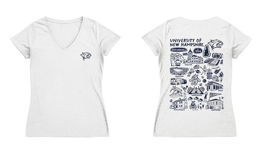 New Hampshire Wildcats UNH Hand Sketched Vive La Fete Impressions Artwork Navy Women Cotton Short Sleeve V-Neck Tshirt