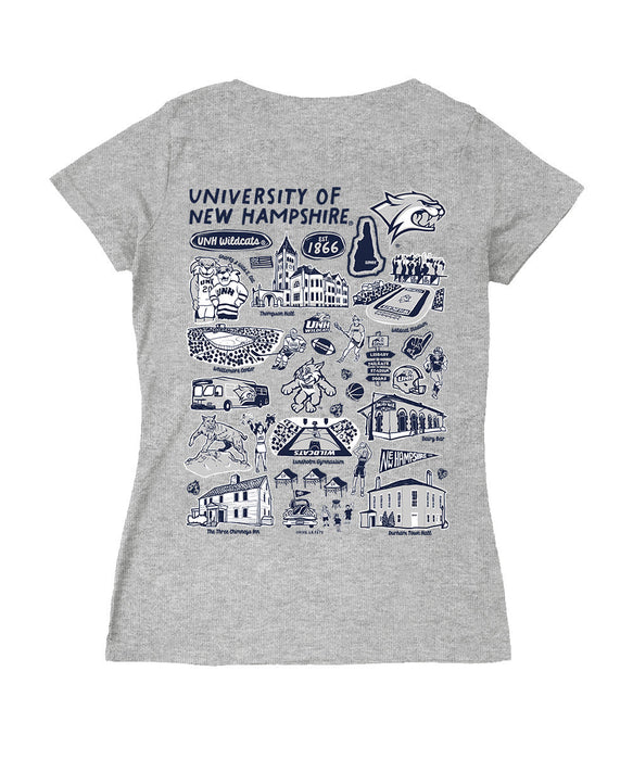 New Hampshire Wildcats UNH Hand Sketched Vive La Fete Impressions Artwork Navy Women Cotton Short Sleeve V-Neck Tshirt
