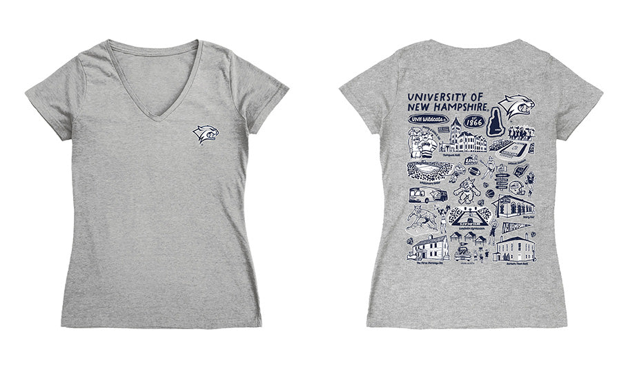 New Hampshire Wildcats UNH Hand Sketched Vive La Fete Impressions Artwork Navy Women Cotton Short Sleeve V-Neck Tshirt