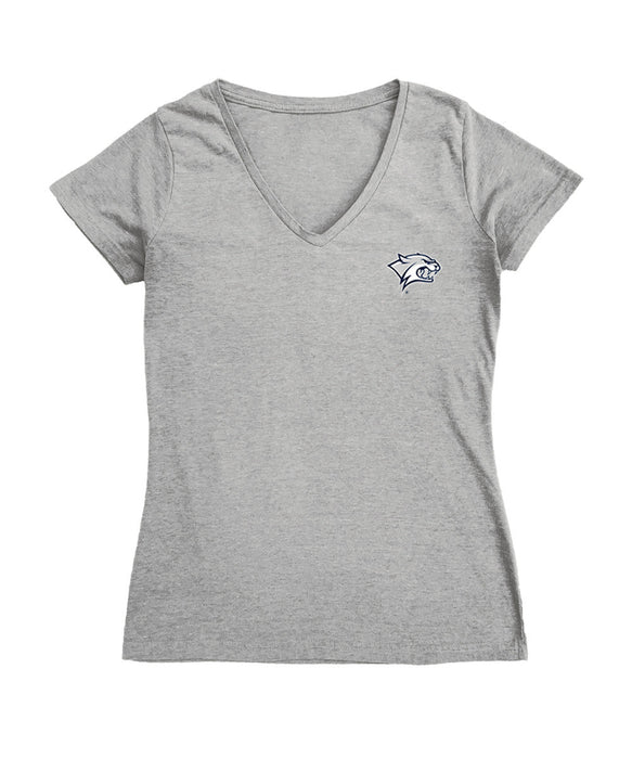New Hampshire Wildcats UNH Hand Sketched Vive La Fete Impressions Artwork Grey Women Cotton Short Sleeve V-Neck Tshirt