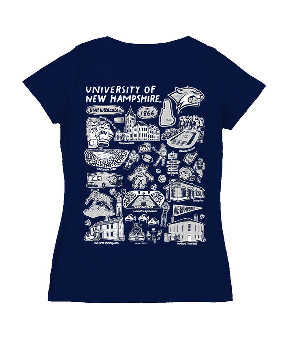New Hampshire Wildcats UNH Hand Sketched Vive La Fete Impressions Artwork Navy Women Cotton Short Sleeve V-Neck Tshirt