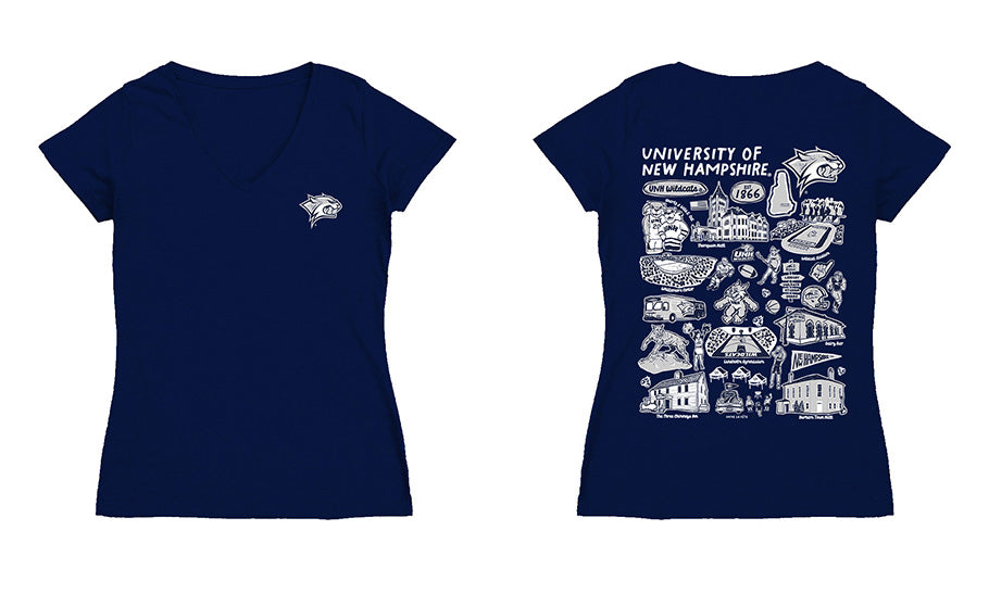 New Hampshire Wildcats UNH Hand Sketched Vive La Fete Impressions Artwork Navy Women Cotton Short Sleeve V-Neck Tshirt
