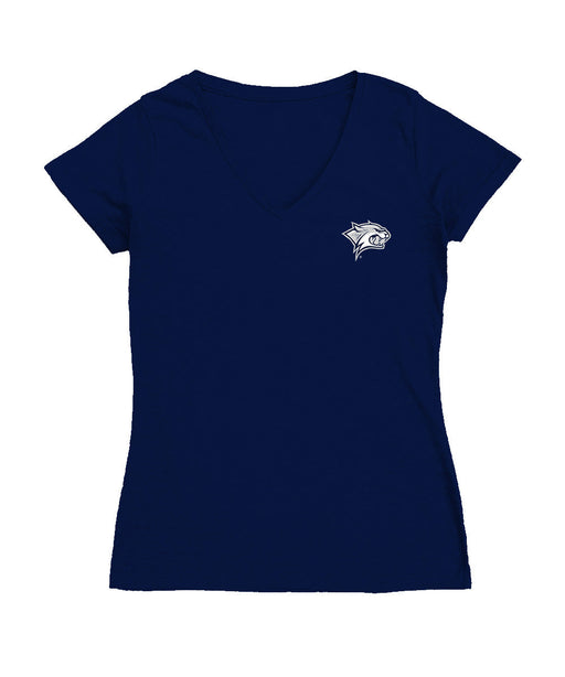 New Hampshire Wildcats UNH Hand Sketched Vive La Fete Impressions Artwork Navy Women Cotton Short Sleeve V-Neck Tshirt