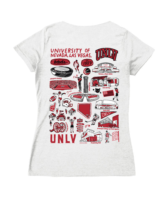 UNLV RebelsHand Sketched Vive La Fete Impressions Artwork Red Women Cotton Short Sleeve V-Neck Tshirt