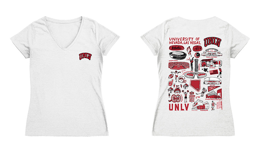 UNLV RebelsHand Sketched Vive La Fete Impressions Artwork Red Women Cotton Short Sleeve V-Neck Tshirt