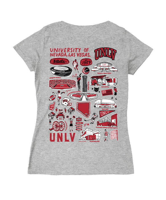 UNLV RebelsHand Sketched Vive La Fete Impressions Artwork Red Women Cotton Short Sleeve V-Neck Tshirt