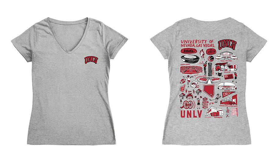 UNLV RebelsHand Sketched Vive La Fete Impressions Artwork Red Women Cotton Short Sleeve V-Neck Tshirt