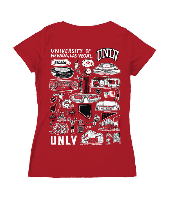 UNLV RebelsHand Sketched Vive La Fete Impressions Artwork Red Women Cotton Short Sleeve V-Neck Tshirt