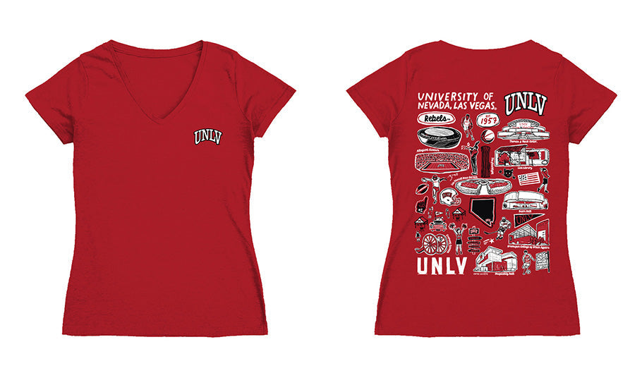 UNLV RebelsHand Sketched Vive La Fete Impressions Artwork Red Women Cotton Short Sleeve V-Neck Tshirt