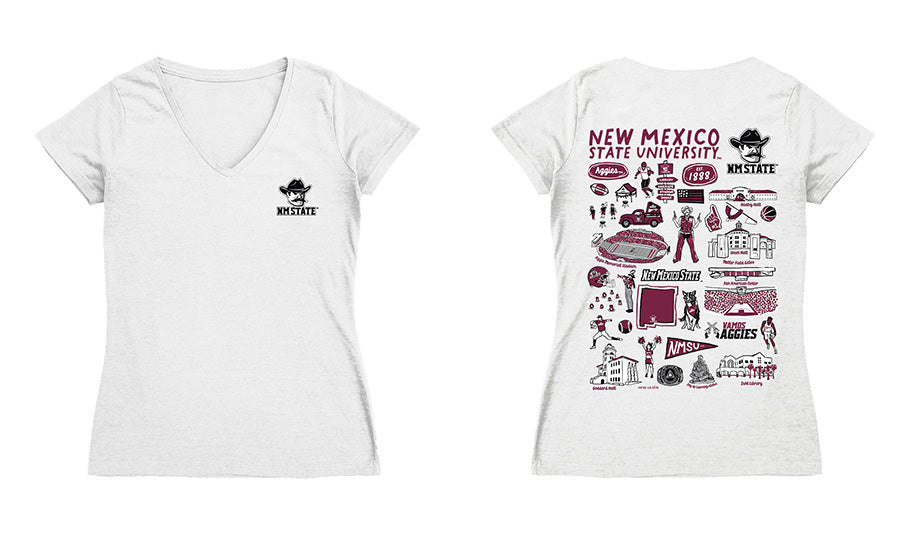 New Mexico State Aggies Hand Sketched Vive La Fete Impressions Artwork Maroon Women Cotton Short Sleeve V-Neck Tshirt